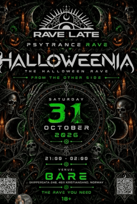 Halloweenia — The Halloween Rave. 31. oktober 2026, 21:00–02:00. Bare, Kristiansand. 18+.