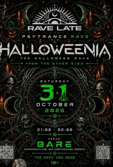 Halloweenia — The Halloween Rave. 31. oktober 2026, 21:00–02:00. Bare, Kristiansand. 18+.
